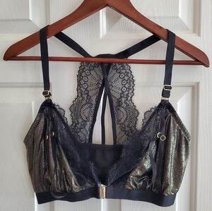 Cacique Metallic lace front closure bralette Size 38 DDD In Black And Gold